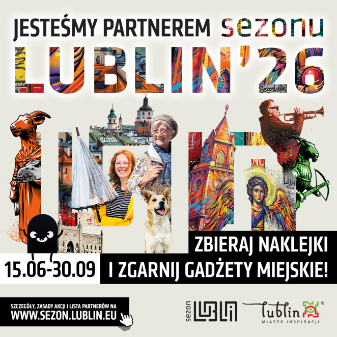 Grafika promująca akcję „Sezon Lublin 2026”. Na plakacie znajduje się hasło „Jesteśmy partnerem Sezonu Lublin’26”, kolorowe ilustracje charakterystycznych miejsc i symboli Lublina oraz informacja o zbieraniu naklejek i odbiorze miejskich gadżetów w terminie 15 czerwca–30 września