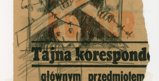 Rysunek przestawiający dwie osoby w uwiezione w wagonie, wykonany na skrawku gazety, urwany napis: Tajna korespond(encja) 