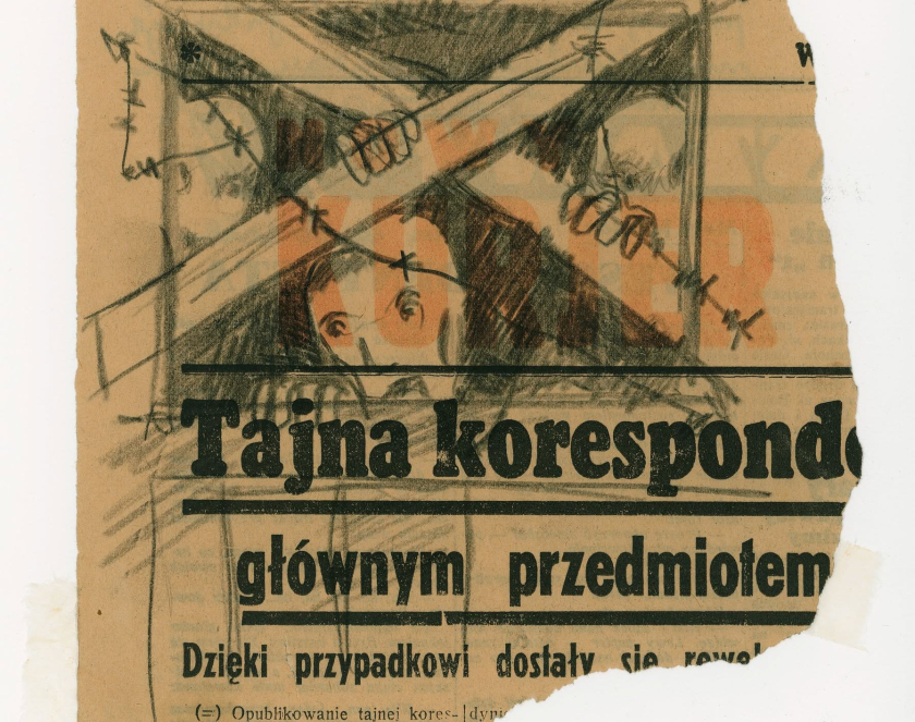 Rysunek przestawiający dwie osoby w uwiezione w wagonie, wykonany na skrawku gazety, urwany napis: Tajna korespond(encja) 