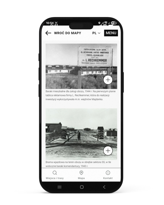 A modern smartphone on a light background shows an app with a list of places and routes, including Majdanek, Sobibór, and Bełżec.